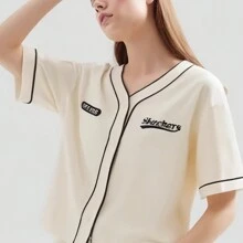 Skechers & Fashion Baseball Cardigan Loose Short Sleeve Knitted Jacket