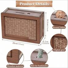 1 Stück Holzzähler Münzspardose - Großer Münzsparschwein für Erwachsene - Münzaufbewahrung bis zu 10.000 Euro mit Zielerfolgsverfolgung - Hochwertige Holzspardose mit Löschstift - Ideales Geschenk für Freunde - Premium Holz Münzbank (Ohne Acrylplatte), (Zufällige Farbe)