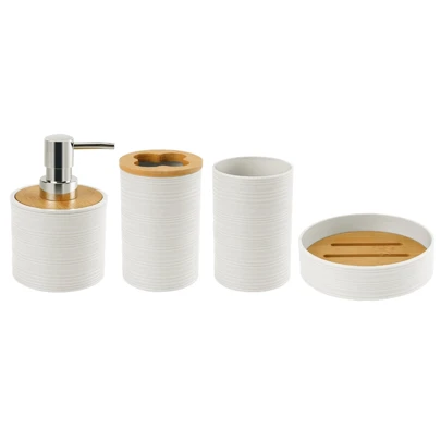 Belifou KIT4 Banheiro Dispenser Sabonete Liquido Porta Algodão E Escova Com Bandeja De Bambu Hire Bold