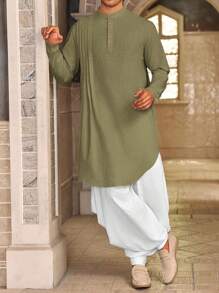 Runcati Men's Kaftan Thobe Cotton Linen Henley Shirt Long Sleeve Robe Casual Muslim Kurta Gown - xanh quân đội - Xem 4