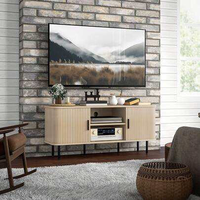  HOMCOM TV Stand Cabinet For TVs Up To 55 Inches, TV Unit With Storage Shelves And Cupboard For Living Room, Oak Tone