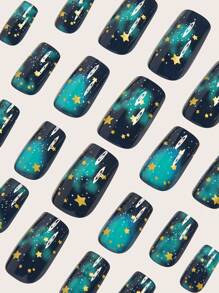 24片哥特式方形美甲贴纸套装，蓝色星空图案，金色星星点缀，中等长度，亮面，可卸美甲套装，适合女性和女孩，包含甲油胶和指甲锉。 - 綠色 - 查看 3