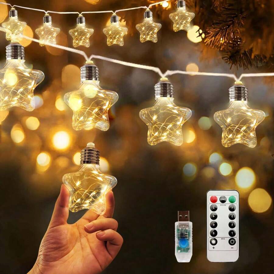 1 件装 10LED 星形许愿球仙女灯串 USB 供电悬挂式窗户装饰灯带遥控器适用于家庭花园卧室派对露营庭院门窗开斋节装饰 - 彩色 - 查看 1