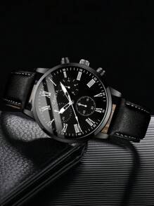 1 Stück Herrenleder Gürtel Lässig Sport Römische Skala Klassische Quarz Armbanduhr, ohne Uhrenetui