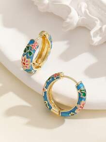1Pair Fashion Copper Material Flower Pattern Hoop Earrings Jewelry For Women Girls - Blue - View 4