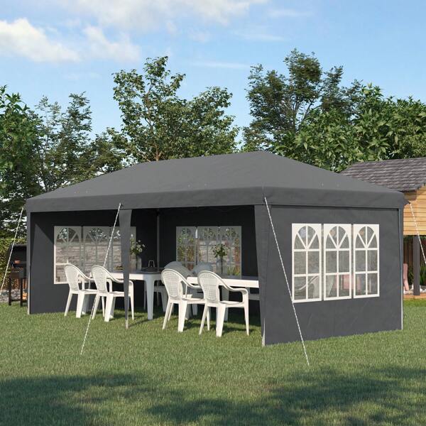  Outsunny Tonnelle pop-up pliante - tente de réception - 3 x 6 m - pavillon chapiteau barnum - 3 cotés démontables - piquets d'ancrage au sol + sac de transport inclus gris