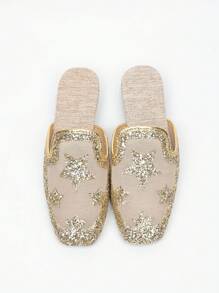 Gold, Silver, Black Glitter Star Decor Square Toe Mules Women, Low Heel Slip-On Mesh Breathable Closed Toe Backless Flat Slide Sandals For Summer Dresses