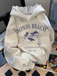 邦迪海滩椰子树和冲浪图案纯色女式套头连帽衫，宽松版型，落肩设计，带口袋