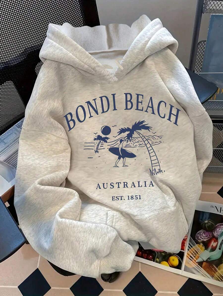邦迪海滩椰子树和冲浪图案纯色女式套头连帽衫，宽松版型，落肩设计，带口袋