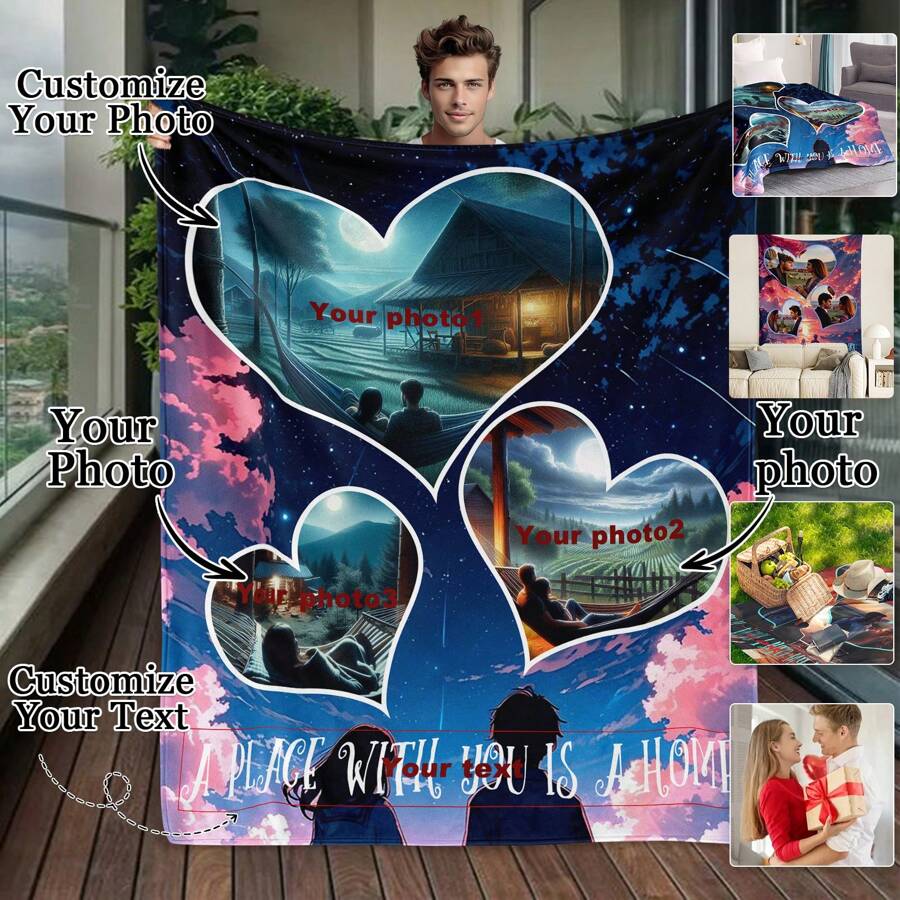 定制爱情背景图片和文字毯子，情人节装饰挂毯，个性化的理想礼物，适合他/她、男朋友、女朋友、爸爸、妈妈、家人、朋友、宠物，适合周年纪念日、情人节、母亲节、生日、儿童节、父亲节、毕业典礼、婚礼、圣诞节、沙发、床、汽车、卧室、客厅、办公室、户外露营、海滩、家庭墙壁装饰