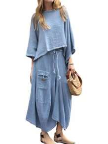 Womens 2 Piece Fall Outfits Oversized Batwing Long Sleeve Pullover Tops Lounge Irregular Maxi Skirt Sets With Pockets - 藍色 - 查看 5