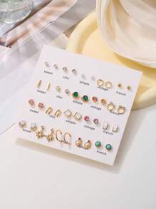 40pcs Pearl & Rhinestone Geometric Earring Set, Suitable For Women's Daily Wear