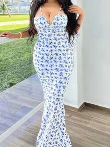 Women's Spaghetti Strap Dresses Drawstring Design Floral Print Slim Fit Long Bodycon Dresses Perfect For Summer Spring - Blue - View 3