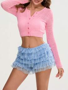 Women Lolita Bloomers Cute Bow Front Layered Ruffle Shorts Lace Pumpkin Tiered Micro Pants Sexy Boyshorts Layered Boy Bottoms Y2k Sweet Pettipants Elastic Boxer Briefs - 藍色 - 查看 5