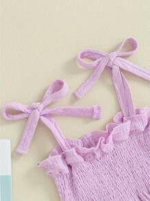 Toddler Baby Girl Summer Clothes Cotton Linen Sleeveless Ruffle Smocked Strap Top Lace Pants 2Pcs Outfit - Purple - View 3