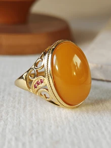 天然波罗的海琥珀戒指大戒圈镶嵌琥珀宝石复古化石树脂配饰带来平静与和平能量礼物送给她和他情侣珠宝