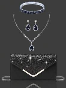 Bolso de noche con rhinestones para mujer, set de 4 pinzas para la oreja con rhinestones para novia y boda, gargantilla, brazalete y colgante, bolso brillante perfecto para fiesta, boda, baile de graduación, cena/banquete, vestido de novia, ropa formal, vestido de baile de graduación, vestido de cumpleaños