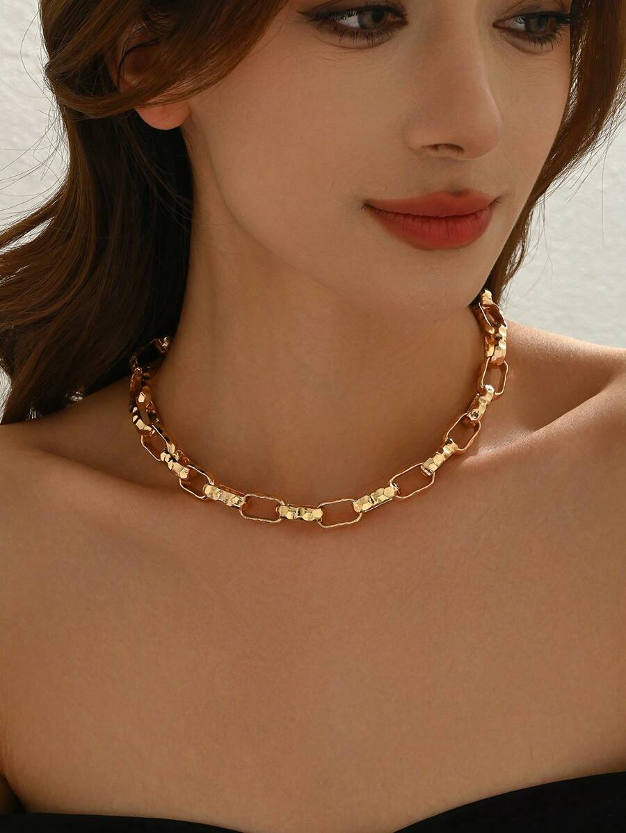 1pc European & American Hip Hop Punk Style Geometric Square Textured Metal Chain Necklace - Yellow Gold - View 1