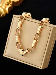 1pc European & American Hip Hop Punk Style Geometric Square Textured Metal Chain Necklace - Yellow Gold - View 3