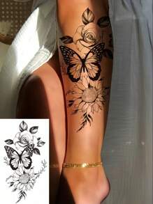 14 Sheets Temporary Tattoos Adult Women, Black Flower Rose Fake Tattoos Women, Realistic Large Body Marking Tattoos, Look Real Waterproof Fake Tattoo Stickers, Body Art Arm Sketch Tattoo Stickers, Suitable For All Daily Festival Fashion - Black - View 5