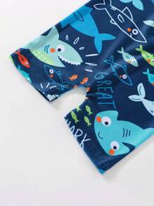 Baby Boys Rash Guard Swimsuit, Cute Shark/Tree Print Short Sleeve Zip Up Swimwear - Lake Blue - View 4