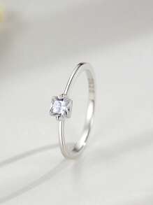 1枚925纯银时尚方形戒指，女士优雅戒指，镶嵌透明锆石，精致女性珠宝 - 銀色 - 查看 1