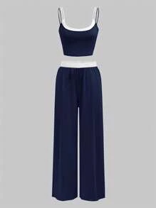 Conjunto de 2 piezas para adolescentes, top de tirantes y pantalones con bloqueo de color de estilo europeo y americano, conjunto ligero para niñas / ropa a juego de hermanas dulces