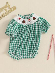 Baby Christmas Smocked Bubble Romper Plaid Santa Claus Gingerbread Embroidery Short Sleeve Crewneck Bodysuit Newborn Playsuit - 綠色 - 查看 2