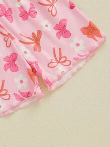 Toddler Baby Girl Summer Outfits Flower Strawberry Bow Pattern Crew Neck Short Sleeve T-Shirt With Shorts 2 Pcs Set - 粉色 - 查看 6