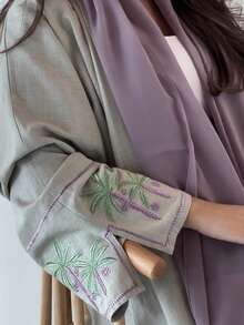 1 Piece Of Fashionable And Simple Coconut Palm Embroidery Splicing Cuffs Women's Dress Robe, Elegant Solid Color Long Dress Cardigan Long Dress Abaya Suitable For Festivals And Daily Life To Show Summer Style,Modest - Green - View 5