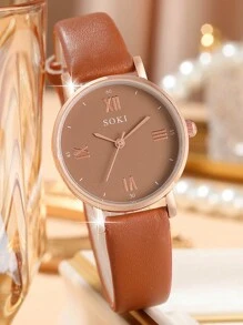 SOKI 5件套女士棕色PU表带休闲石英表套装，含心形项链、耳环、手链配饰，适合女士聚会、母亲节、生日佩戴或送给姐妹（不含礼盒） - 棕色 - 查看 5