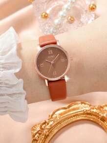 SOKI 5件套女士棕色PU表带休闲石英表套装，含心形项链、耳环、手链配饰，适合女士聚会、母亲节、生日佩戴或送给姐妹（不含礼盒） - 棕色 - 查看 3