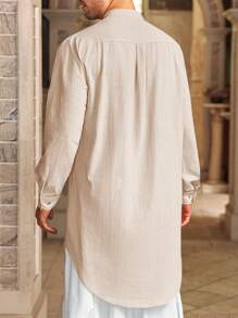 Runcati Men's Kaftan Thobe Cotton Linen Henley Shirt Long Sleeve Robe Casual Muslim Kurta Gown - Màu be - Xem 3