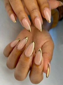 24 szt. średniej długości, migdałowe, dociskane sztuczne paznokcie, złote, francuskie końcówki, luksusowy i elegancki styl, błyszczące, pełne pokrycie, dla kobiet, dziewcząt, sztuczne paznokcie, panie, imprezy, randki, artykuły do paznokci, sztuka