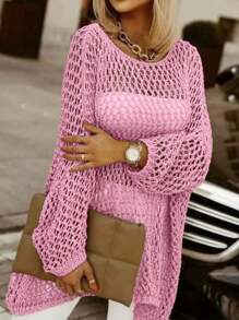 Women Solid Color Crew Neck Long Sleeve Casual Hollow Out See-Through Knit Sweater