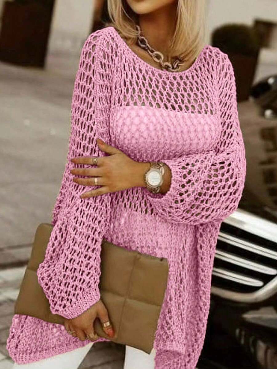 Women Solid Color Crew Neck Long Sleeve Casual Hollow Out See-Through Knit Sweater