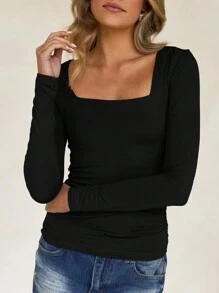 Vaiaye 女士春夏 Y2K 方领长袖修身 T 恤，纯色性感上衣，适合情人节穿着 - 黑色 - 查看 6