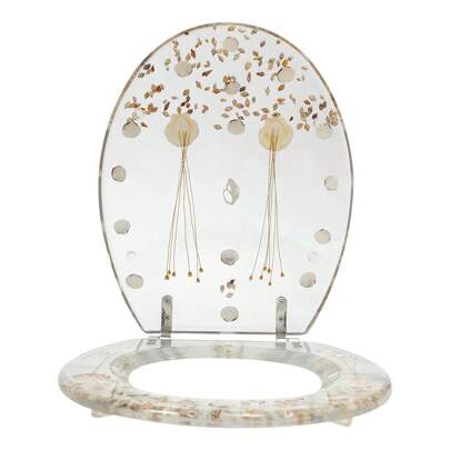 Asiento de inodoro redondo de resina transparente de 36 x 42 cm con bisagras plateadas resistentes para baño