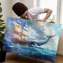 Framed American Whaling Ship With Sperm Whale  Print On Poster, Poster, Art Prints, Wall Art Decor, Print - Framed - View 2