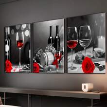 3-Piece Retro Wine And Rose Canvas Art Set - High Definition Printing, Wooden Frame Wall Decoration, Suitable For Bar, Kitchen, And Home Aesthetics - Inside Framed Wrapped Canvas - View 9