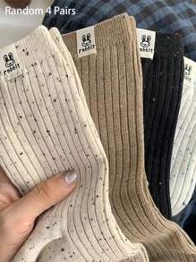 4 Pairs New Fall/Winter Casual Thickened Vintage Color Rabbit Label Pattern Cute Mid-Tube Socks