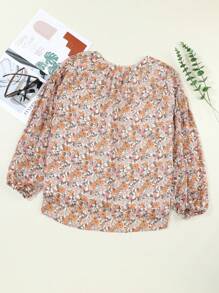 Printed Puff Sleeve Button Decor Round Neck Ruffle Hem Blouse, Women Autumn Clothing - Orange - View 6
