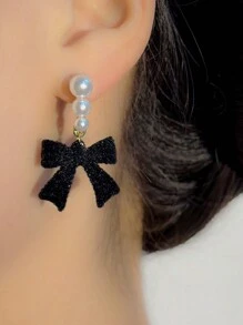 5pcs/Set Vintage Style Black Heart Flocked Bow Hollow Flower Petal Rhinestone Square Stud Earrings, Suitable For Women Everyday And Festivals Wear (No Box) - Set a - View 6