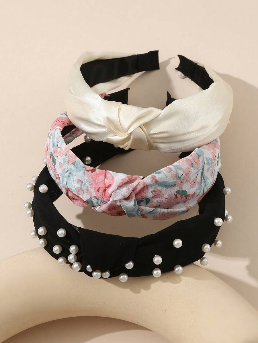 3 Stücke Damen Boho-Stil einfache Einfarbige & Blumen-Muster Perlenhaarband, geeignet für den täglichen Gebrauch