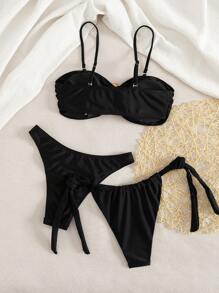 3件套女士性感纯色高腰沙滩比基尼套装，欧美风格，夏季海滩 - 黑色 - 查看 2