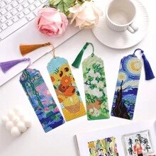 Juego de 4 piezas de pintura colgante en forma de marcapáginas de estilo de arte de diamantes DIY con borlas, decoración del hogar con estilo de pintura al óleo de Van Gogh, de vuelta a la escuela como regalo, decoración colgante de pared, manualidad de marcapáginas, artesanía de amantes de las piedras rhinestone y, suministros navideños, regalo de graduación y cumpleaños