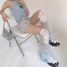 Calentadores de piernas para mujer con volantes de encaje y retazos, calcetines largos hasta el muslo, cubrebotas para ropa de calle - Azul perla - Ver 7