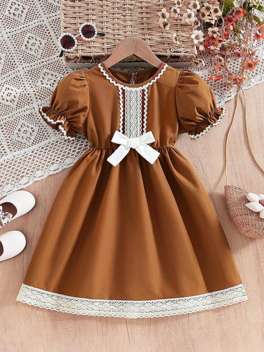 Young Girl' Vintage Elegant Fashionable Versatile Ruffle & Bow Decor Round Neck Puff Sleeve Retro Mini Dress, Suitable For School Or Outdoor Activities, Summer - Coffee Brown - View 1