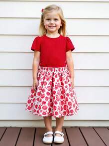 Girls Casual Simple Versatile Elegant Dignified Lady Clothing Set, Skin-Friendly Soft Round Neck Short Sleeve Top + Elastic Waist Short Skirt, Children Unique Elegant Outdoor Holiday Party Banquet Preferred