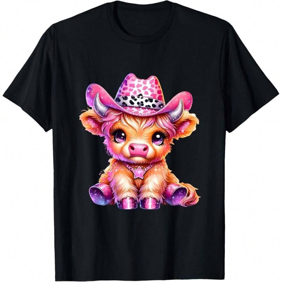 Scottish Baby Highland Cow Cowgirl Cattle Farm Pink Western T-Shirt - màu đen - Xem 1